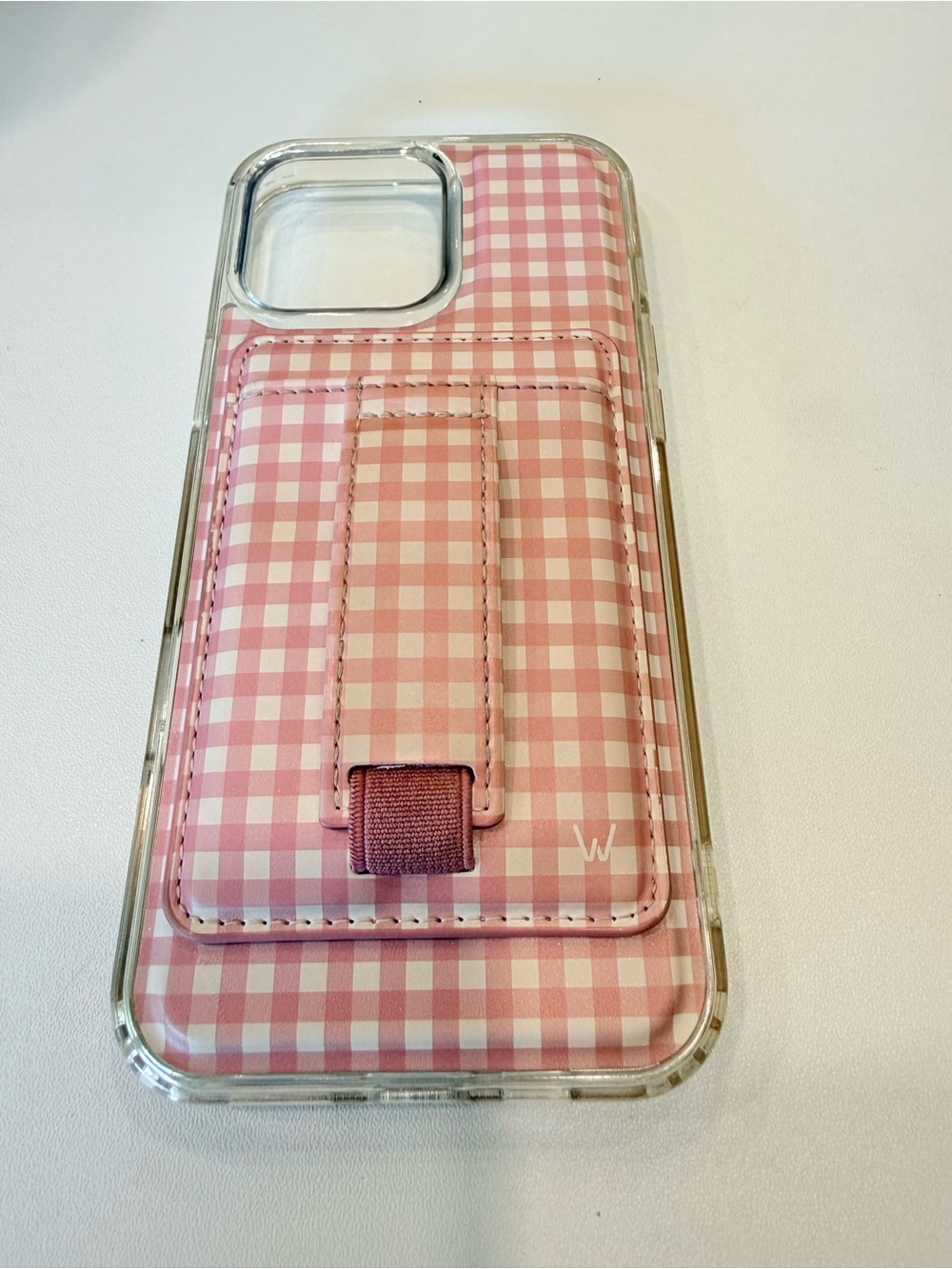 Pink Gingham Card Holder Phone Case with Kickstand